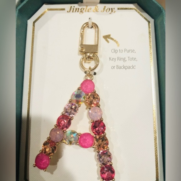 Beautiful gold plated Pink bejeweled gemstone A monogram bag purse key chain new - Picture 6 of 13
